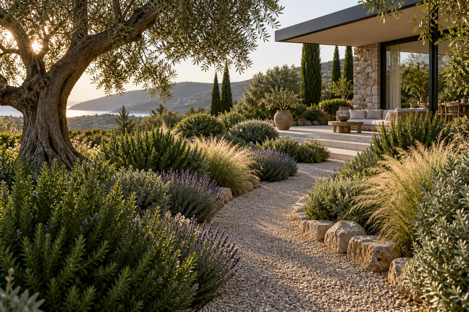 Jardin méditerranéen, chemin de pierre entre les graminées et les oliviers