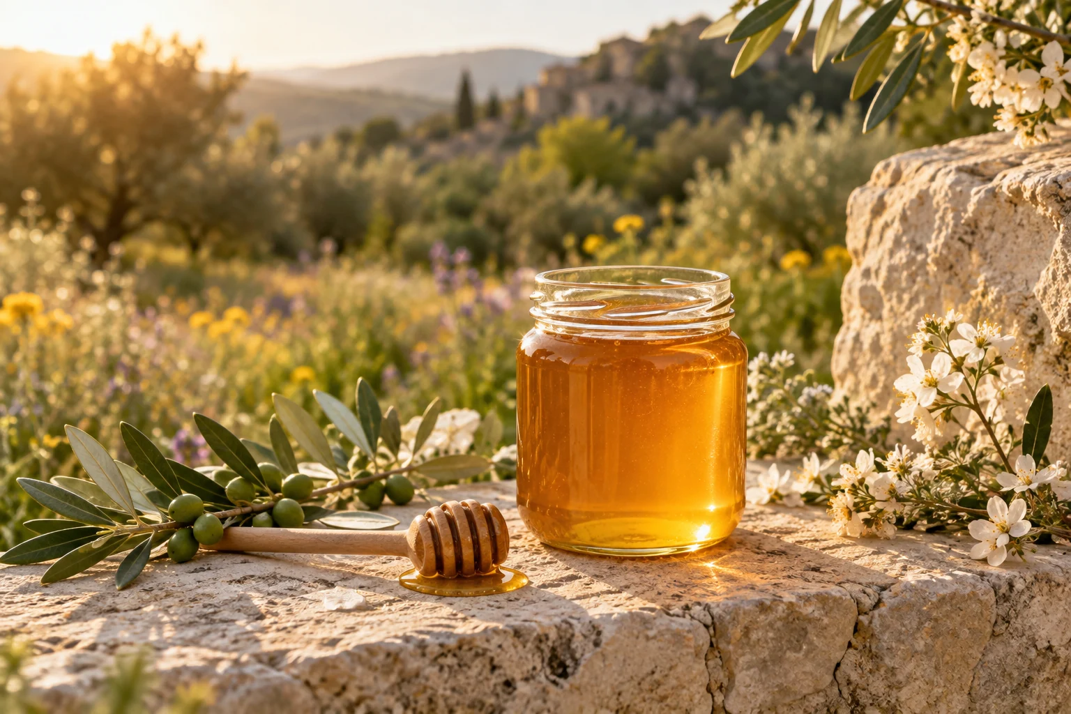 Pot de miel ambré et cuillère en bois sur une pierre au soleil
